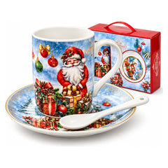 Christmas Santa Claus Ceramic Cup & Saucer Set with Spoon and Gift Box - Blue & White - 1 Set | ALQ-43B