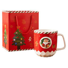 Festive Christmas Ceramic Mug with 3D Santa Claus Emblem, Red and White Scalloped Base, Includes Red Holiday Gift Bag | HM444