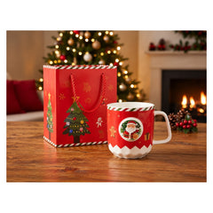 Festive Christmas Ceramic Mug with 3D Santa Claus Emblem, Red and White Scalloped Base, Includes Red Holiday Gift Bag | HM444