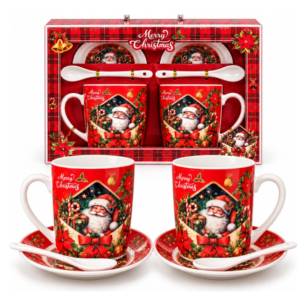 Christmas Santa Claus Ceramic Mug Set with Saucers & Spoons - Red & White - 6 Pieces | ALHK-2576B