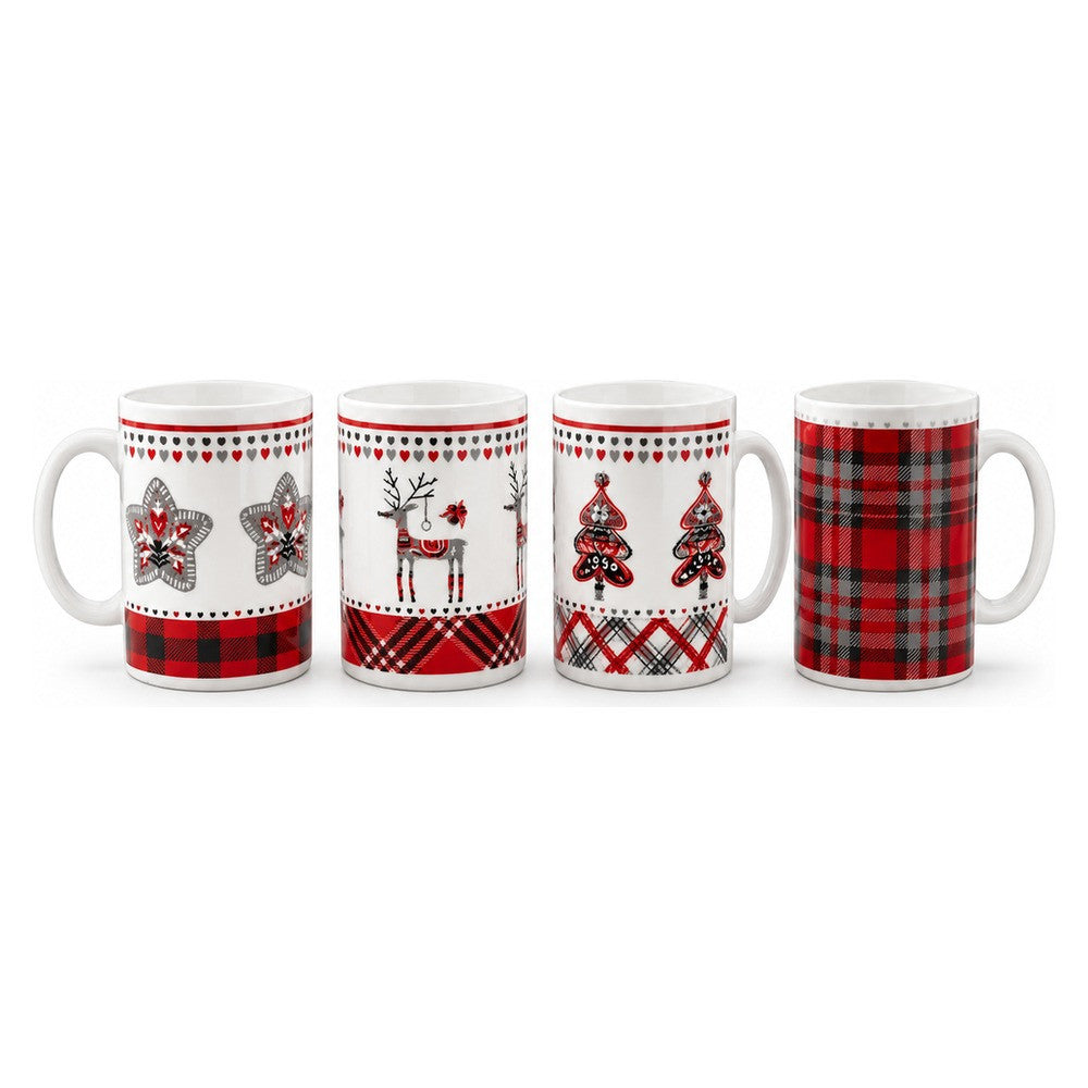Christmas Ceramic Mug with Festive Nordic & Plaid Designs - Red & White - 1 Piece | B94