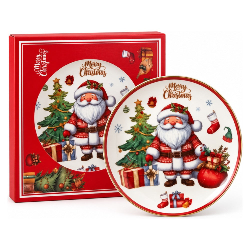 Christmas Santa Claus Ceramic Decorative Plate with Gift Box - White & Red - 1 Piece | ALXP-125B