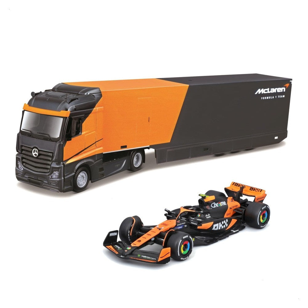 Bburago Mercedes-Benz Actros GigaSpace Racing Hauler with McLaren MCL38 #4 Lando Norris 1:43 Die-Cast Set