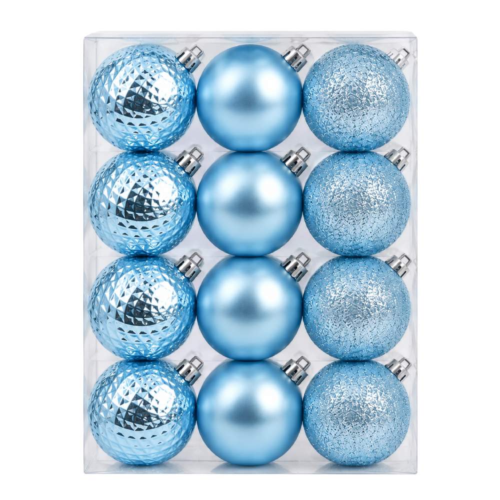 12 Blue Christmas Baubles in Clear Box, 7cm | AR3-115AW12-LB26