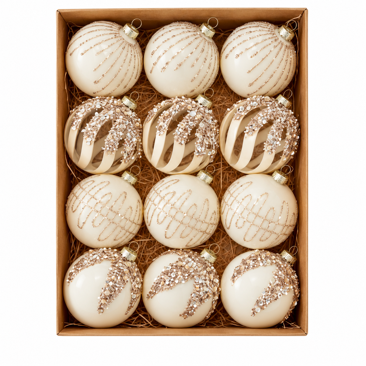 Beige and White Velvet Glitter Christmas Tree Ornaments, 8cm, 12-piece