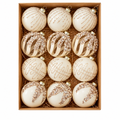 Beige and White Velvet Glitter Christmas Tree Ornaments, 8cm, 12-piece