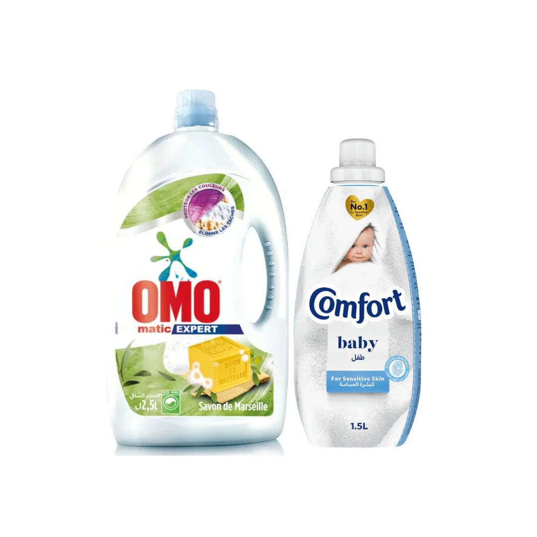 Omo Matic Savon De Marseille Laundry Detergent 2.5L + Comfort Baby Fabric Softener 1.5L @ 20% OFF | 297824