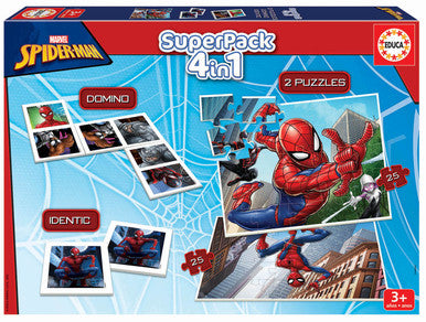 Educa Marvel Spiderman SuperPack 4 في 1 - دومينو، إيدينتيك، ولغزان (25 قطعة لكل منهما) | 19353