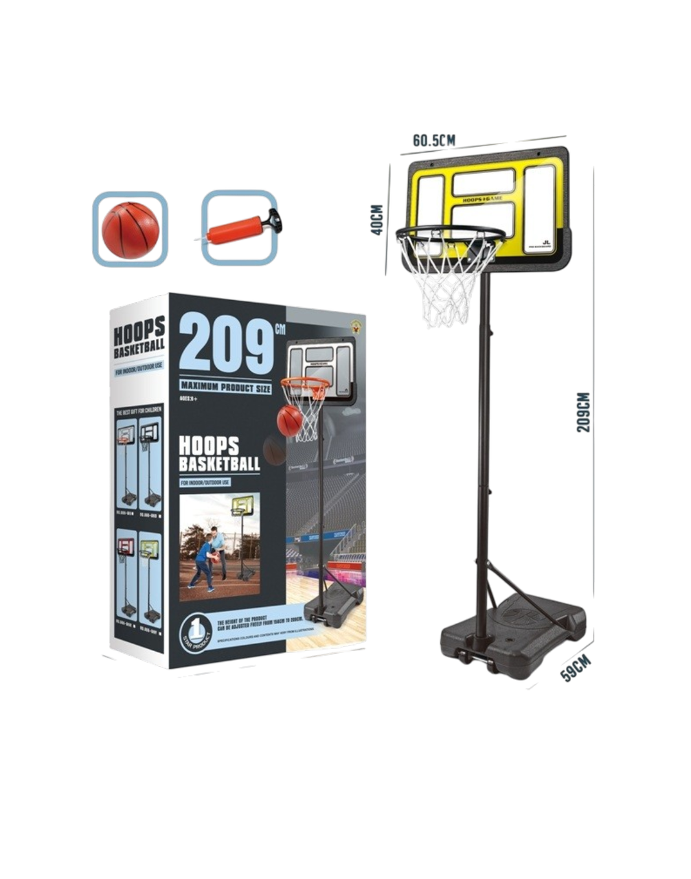Kids Adjustable Basketball Hoop Stand Set with Ball & Pump - 209cm | 666-W6Y